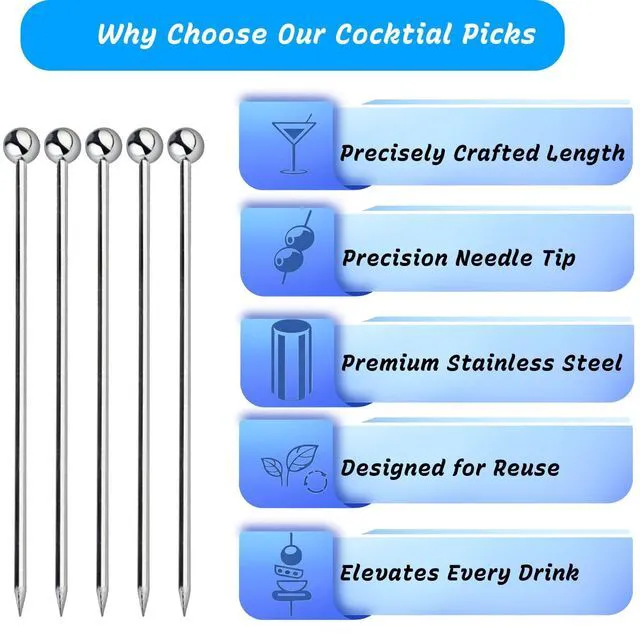 Alt view image 4 of 7 - 10Pcs Cocktail Picks, Stainless Steel Metal Martini Picks, Skewers for Appetizers & Toothpicks for Appetizers, Reusable Cocktail Picks for Drinks, Olives & Fruit