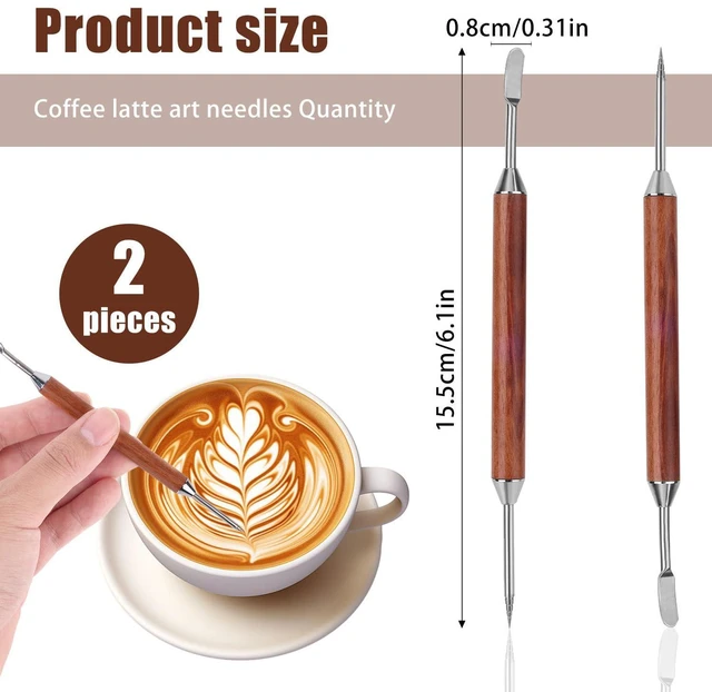 Alt view image 2 of 4 - 2pcs Latte Art Pen, Stainless Steel Coffee Drawing Tool with Wood Handle Double-Ended Coffee Carving Needle Cinnamon Pen Barista Accessories for Home & Cafe Use