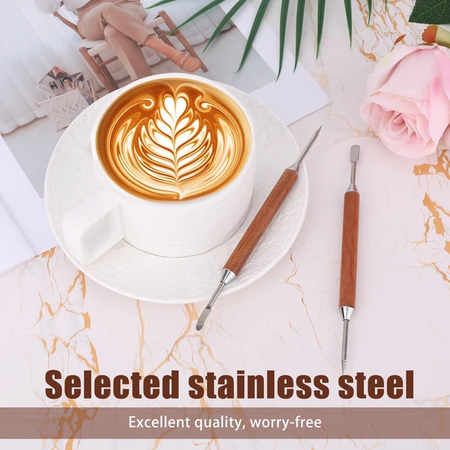 Alt view image 3 of 4 - 2pcs Latte Art Pen, Stainless Steel Coffee Drawing Tool with Wood Handle Double-Ended Coffee Carving Needle Cinnamon Pen Barista Accessories for Home & Cafe Use