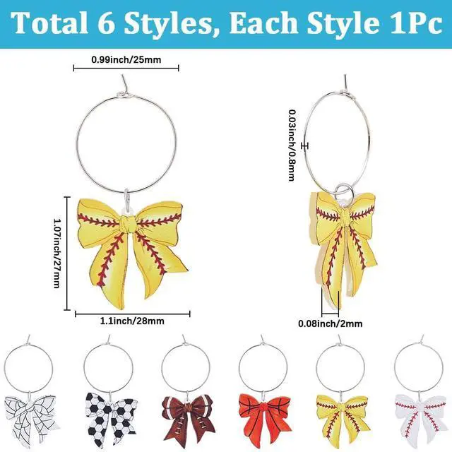 Alt view image 2 of 7 - 1 Box 6 Styles Bow Drink Charm Sports Wine Glass Charms Acrylic Soccer Tennis Softball Rugby Basketball Baseball Pattern Bowknot Cocktail Marker Identifier Tag for Stem Glasses Party Favors