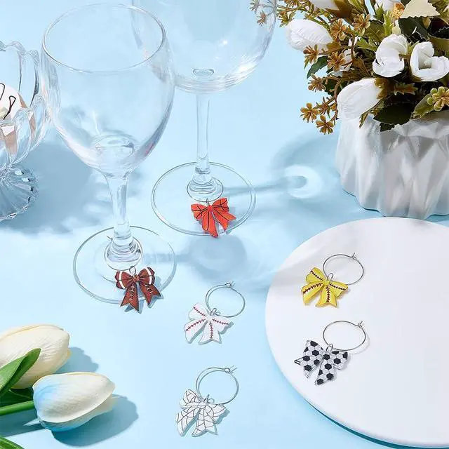 Alt view image 3 of 7 - 1 Box 6 Styles Bow Drink Charm Sports Wine Glass Charms Acrylic Soccer Tennis Softball Rugby Basketball Baseball Pattern Bowknot Cocktail Marker Identifier Tag for Stem Glasses Party Favors