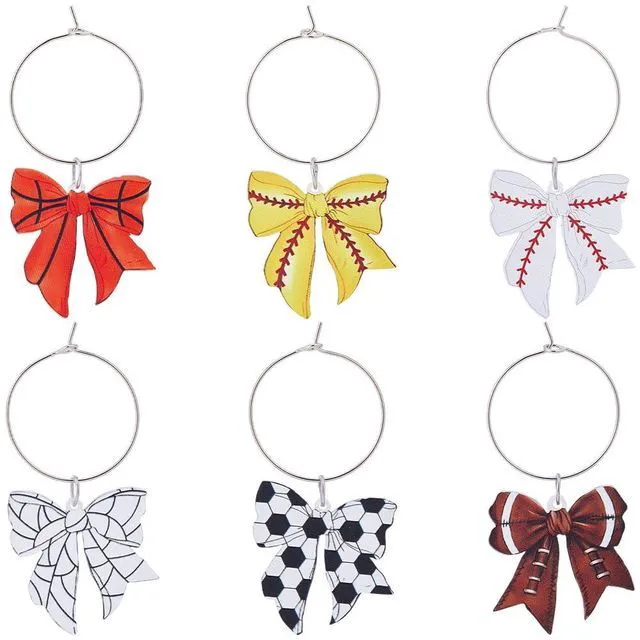Alt view image 7 of 7 - 1 Box 6 Styles Bow Drink Charm Sports Wine Glass Charms Acrylic Soccer Tennis Softball Rugby Basketball Baseball Pattern Bowknot Cocktail Marker Identifier Tag for Stem Glasses Party Favors