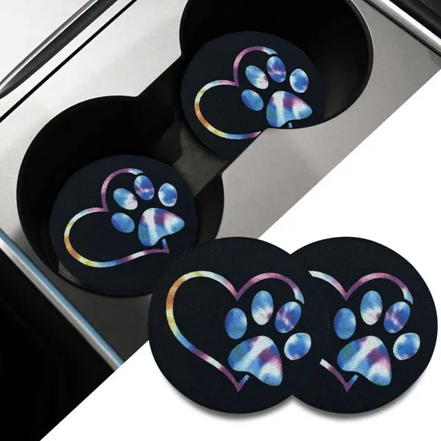 Main image of 2PCS Car Cup Holder Coasters, 2.73 Inch Absorbent Anti-Slip Shockproof Cup Holder Insert, Dog Paw Heart Print Car Drink Mat, Universal Car Interior Accessories for Vehicles, Trucks, RVs (Colorful)