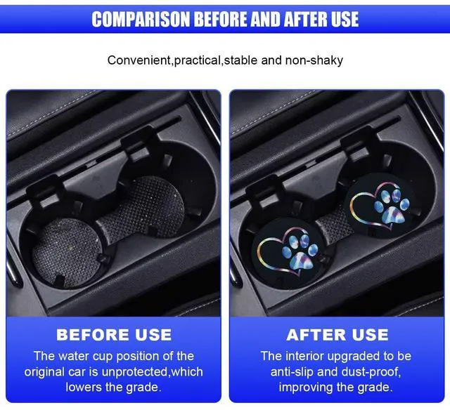 Alt view image 4 of 6 - 2PCS Car Cup Holder Coasters, 2.73 Inch Absorbent Anti-Slip Shockproof Cup Holder Insert, Dog Paw Heart Print Car Drink Mat, Universal Car Interior Accessories for Vehicles, Trucks, RVs (Colorful)