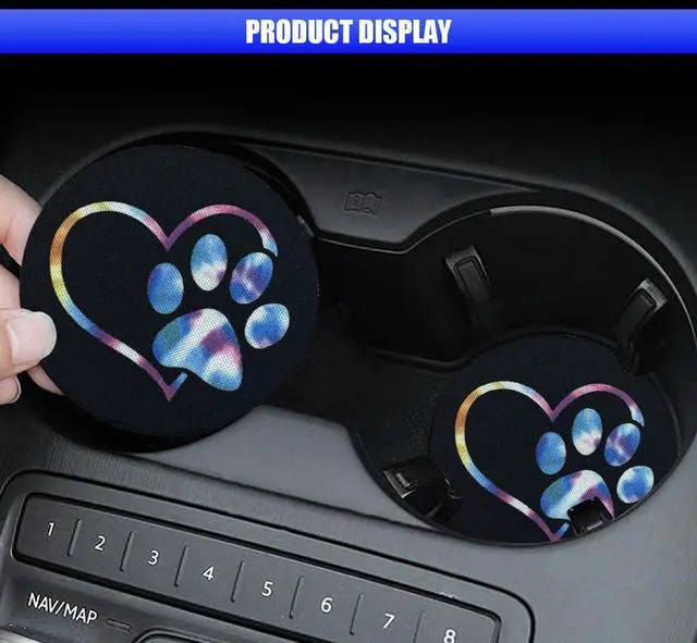 Alt view image 5 of 6 - 2PCS Car Cup Holder Coasters, 2.73 Inch Absorbent Anti-Slip Shockproof Cup Holder Insert, Dog Paw Heart Print Car Drink Mat, Universal Car Interior Accessories for Vehicles, Trucks, RVs (Colorful)