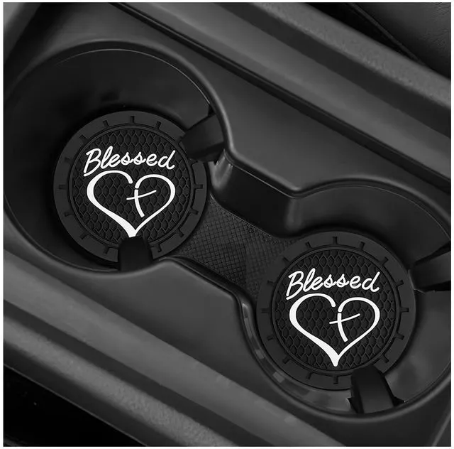 Main image of 2 PCS Car Cup Holder Coaster, 2.76 Inch Soft PVC Non-Slip Blessed Cross and Heart Christian Car Cup Coasters, Auto Interior Shockproof Insert Drink Mat for Most Vehicles (Black)