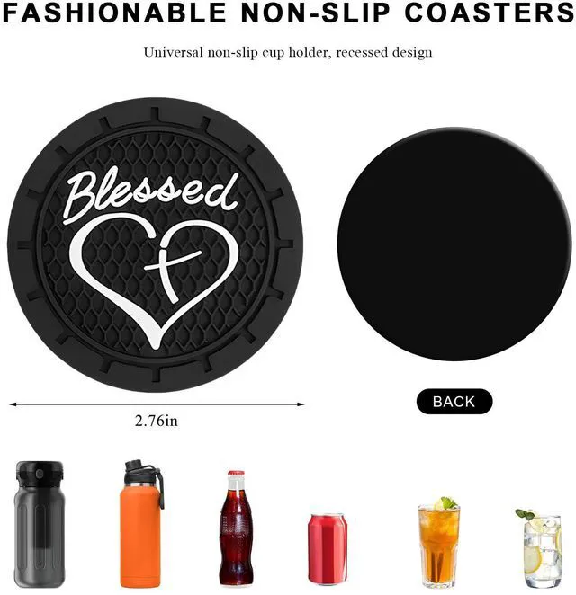 Alt view image 2 of 6 - 2 PCS Car Cup Holder Coaster, 2.76 Inch Soft PVC Non-Slip Blessed Cross and Heart Christian Car Cup Coasters, Auto Interior Shockproof Insert Drink Mat for Most Vehicles (Black)