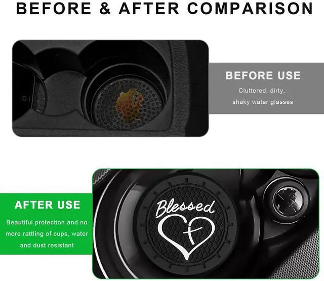 Alt view image 5 of 6 - 2 PCS Car Cup Holder Coaster, 2.76 Inch Soft PVC Non-Slip Blessed Cross and Heart Christian Car Cup Coasters, Auto Interior Shockproof Insert Drink Mat for Most Vehicles (Black)