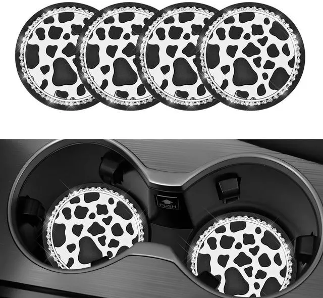 Main image of 4 PCS Car Cup Coaster, Anti-Slip Bling Cow Print Auto Cup Holder Insert Coaster, Waterproof Front Console Drink Mats Interior Decoration for Most Vehicles, Car Accessories