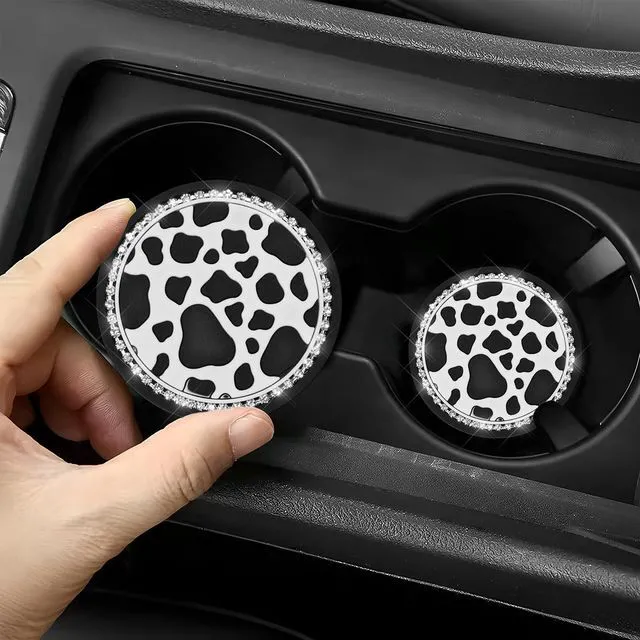 Alt view image 5 of 6 - 4 PCS Car Cup Coaster, Anti-Slip Bling Cow Print Auto Cup Holder Insert Coaster, Waterproof Front Console Drink Mats Interior Decoration for Most Vehicles, Car Accessories
