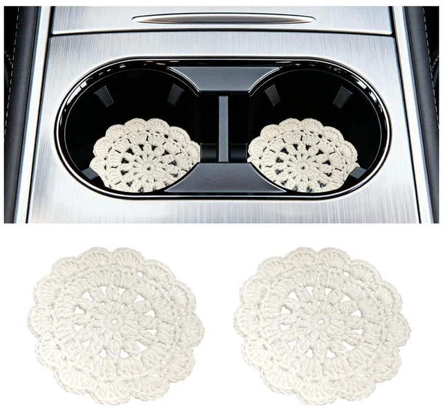 Main image of 2PCS Handmade Crochet Car Cup Holder Coasters, Beige Flowers | handwoven wool, breathable absorbent surface, snug cup-holder placement, anti-slip base, helps guard against spills
