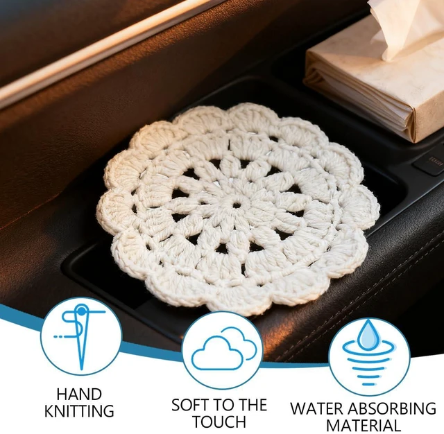 Alt view image 3 of 6 - 2PCS Handmade Crochet Car Cup Holder Coasters, Beige Flowers | handwoven wool, breathable absorbent surface, snug cup-holder placement, anti-slip base, helps guard against spills