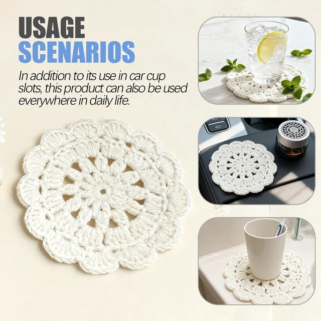 Alt view image 4 of 6 - 2PCS Handmade Crochet Car Cup Holder Coasters, Beige Flowers | handwoven wool, breathable absorbent surface, snug cup-holder placement, anti-slip base, helps guard against spills