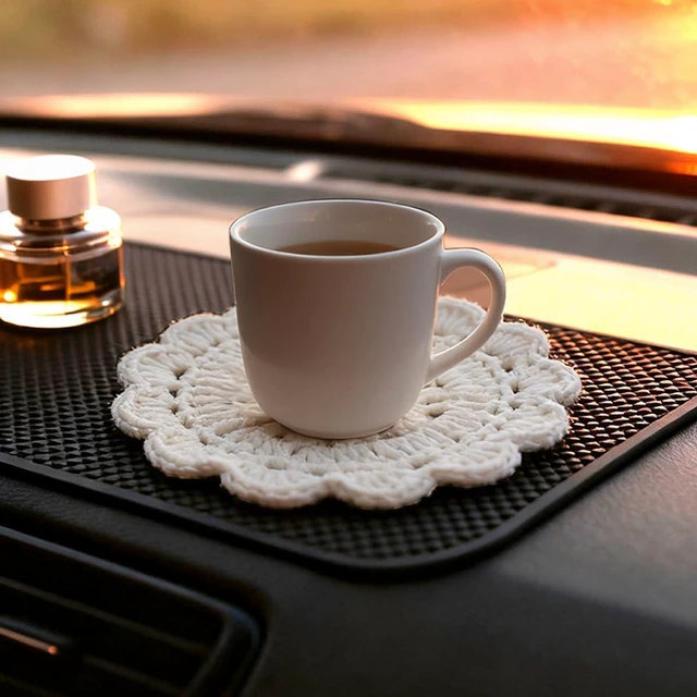Alt view image 6 of 6 - 2PCS Handmade Crochet Car Cup Holder Coasters, Beige Flowers | handwoven wool, breathable absorbent surface, snug cup-holder placement, anti-slip base, helps guard against spills