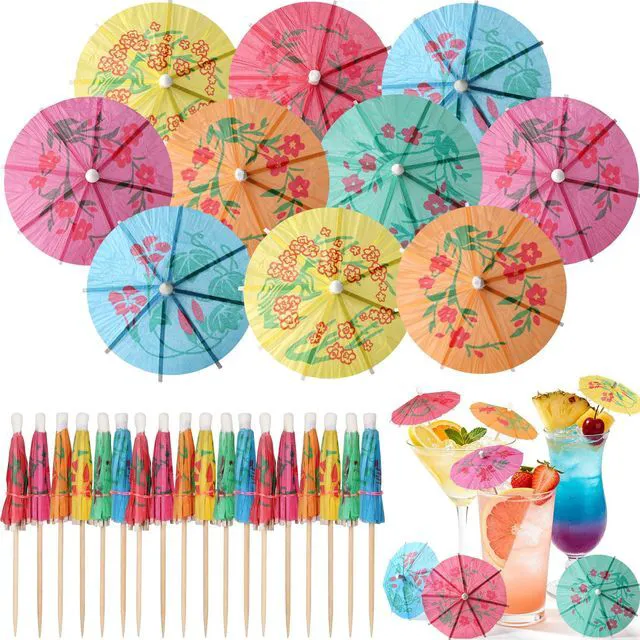 Main image of 60 Mini Drink Umbrellas Cocktail Picks, Paper Cocktail Umbrellas for Drinks | Tiny Umbrella Toothpicks, Garnish Sticks, Tropical Hawaiian Luau, Tiki Bar Accessories, Summer Pool & Beach Party Decorati