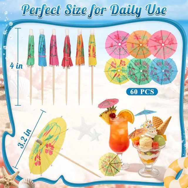 Alt view image 2 of 7 - 60 Mini Drink Umbrellas Cocktail Picks, Paper Cocktail Umbrellas for Drinks | Tiny Umbrella Toothpicks, Garnish Sticks, Tropical Hawaiian Luau, Tiki Bar Accessories, Summer Pool & Beach Party Decorati