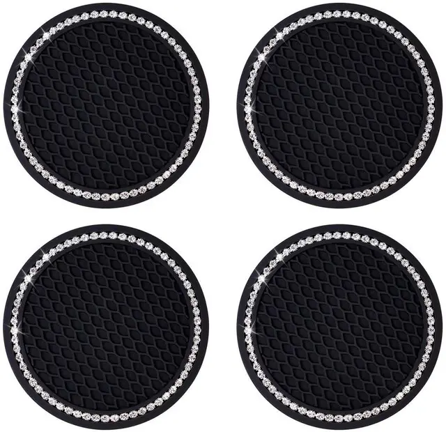 Main image of 4 Pack Bling Car Cup Holder Insert Coasters Universal Bling Car Coaster with Rhinestone Crystal Car Cup Holder Coaster Auto Interior Accessories for Women 2.75 Inch Anti-Slip Car Cup Mat (Black)