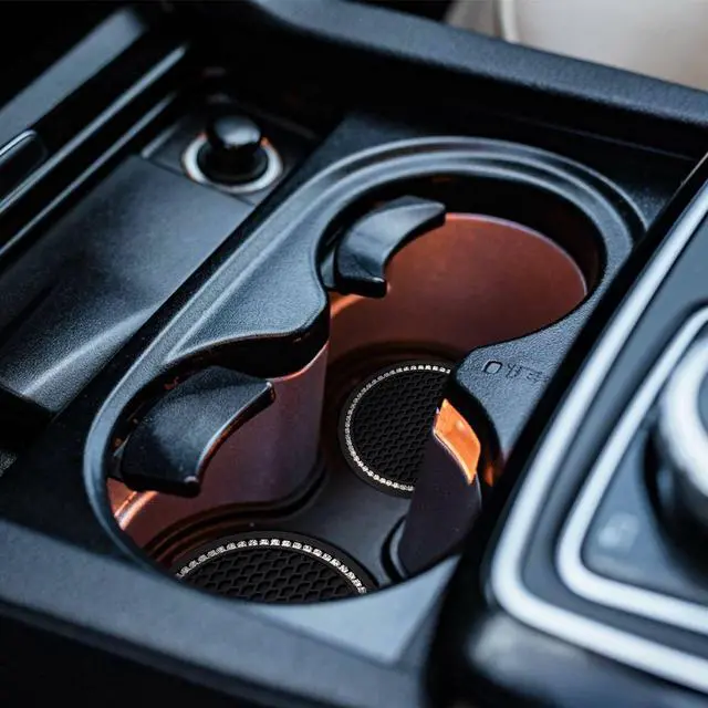 Alt view image 2 of 7 - 4 Pack Bling Car Cup Holder Insert Coasters Universal Bling Car Coaster with Rhinestone Crystal Car Cup Holder Coaster Auto Interior Accessories for Women 2.75 Inch Anti-Slip Car Cup Mat (Black)