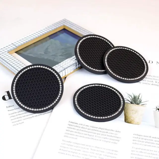 Alt view image 7 of 7 - 4 Pack Bling Car Cup Holder Insert Coasters Universal Bling Car Coaster with Rhinestone Crystal Car Cup Holder Coaster Auto Interior Accessories for Women 2.75 Inch Anti-Slip Car Cup Mat (Black)