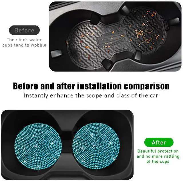 Alt view image 4 of 6 - 2PCS Bling Car Cup Holder Coaster, 2.73 Inch Anti-Slip Cup Insert Coasters, Crystal Rhinestone Auto Drink Cup Mat, Universal Interior Decor Car Accessories for Women Girls (Light Blue)