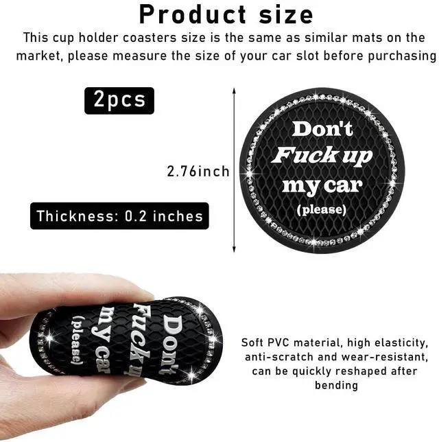 Alt view image 2 of 6 - 2 PCS Bling Car Cup Coaster, 2.75 Inch Anti-Slip Cup Holder Insert Coasters, Crystal Rhinestone Auto Drink Car Cup Mat for Women Girls, Universal Interior Car Accessories (Black)
