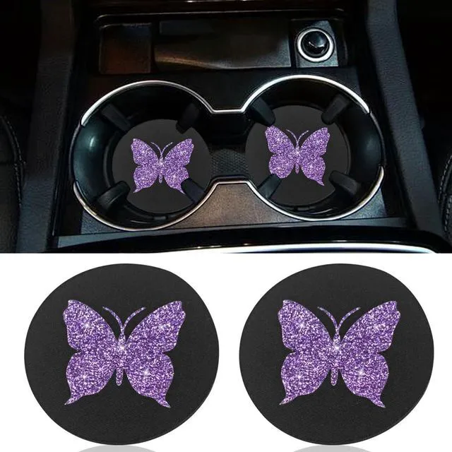 Main image of 2PCS Bling Butterfly Car Cup Holder Coaster (Purple) | 2.75'' Universal Auto Non-Slip Embedded in Ornaments Cup Coaster, Rhinestone Auto Interior Drink Water Bottle Mat Accessories