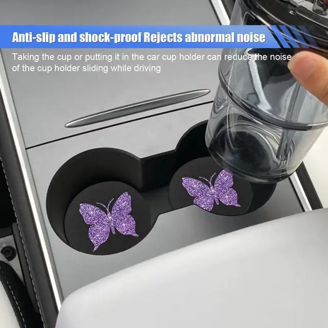 Alt view image 4 of 6 - 2PCS Bling Butterfly Car Cup Holder Coaster (Purple) | 2.75'' Universal Auto Non-Slip Embedded in Ornaments Cup Coaster, Rhinestone Auto Interior Drink Water Bottle Mat Accessories