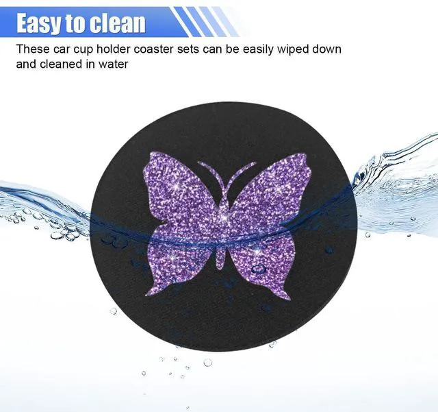 Alt view image 5 of 6 - 2PCS Bling Butterfly Car Cup Holder Coaster (Purple) | 2.75'' Universal Auto Non-Slip Embedded in Ornaments Cup Coaster, Rhinestone Auto Interior Drink Water Bottle Mat Accessories