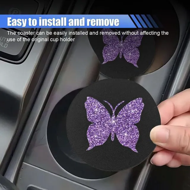 Alt view image 6 of 6 - 2PCS Bling Butterfly Car Cup Holder Coaster (Purple) | 2.75'' Universal Auto Non-Slip Embedded in Ornaments Cup Coaster, Rhinestone Auto Interior Drink Water Bottle Mat Accessories