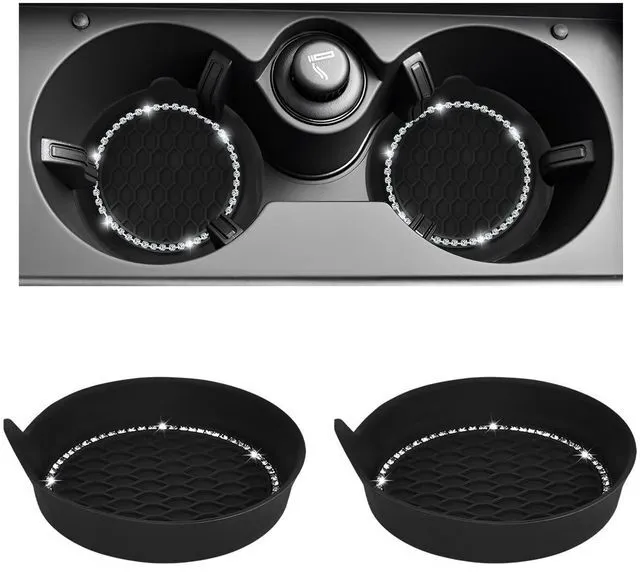 Main image of 2PCS Bling Car Coasters, Non-Slip Silicone Auto Cup Holder Inserts Crystal Water Bottle Pads, Universal Dustproof Rhinestone Drink Mats Interior Accessories for Cars Trucks RVs (Black)