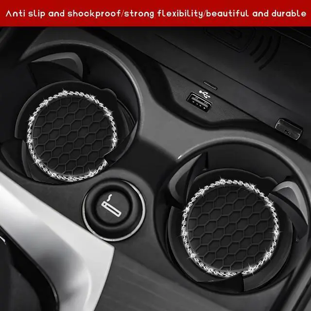 Alt view image 3 of 6 - 2PCS Bling Car Coasters, Non-Slip Silicone Auto Cup Holder Inserts Crystal Water Bottle Pads, Universal Dustproof Rhinestone Drink Mats Interior Accessories for Cars Trucks RVs (Black)