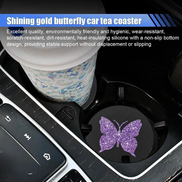 Alt view image 3 of 6 - 2PCS Bling Butterfly Car Cup Holder Coaster (Purple) | 2.75'' Universal Auto Non-Slip Embedded in Ornaments Cup Coaster, Rhinestone Auto Interior Drink Water Bottle Mat Accessories