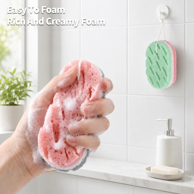 Alt view image 5 of 7 - 2 Pcs Bath Sponge, 3-Layer Body Wash Sponges Loofah Body Scrubber | 2 Colors & Large Size Shower Pouf Cleaning Loofahs for Shower Exfoliating
