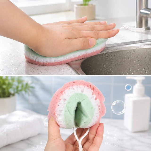 Alt view image 6 of 7 - 2 Pcs Bath Sponge, 3-Layer Body Wash Sponges Loofah Body Scrubber | 2 Colors & Large Size Shower Pouf Cleaning Loofahs for Shower Exfoliating