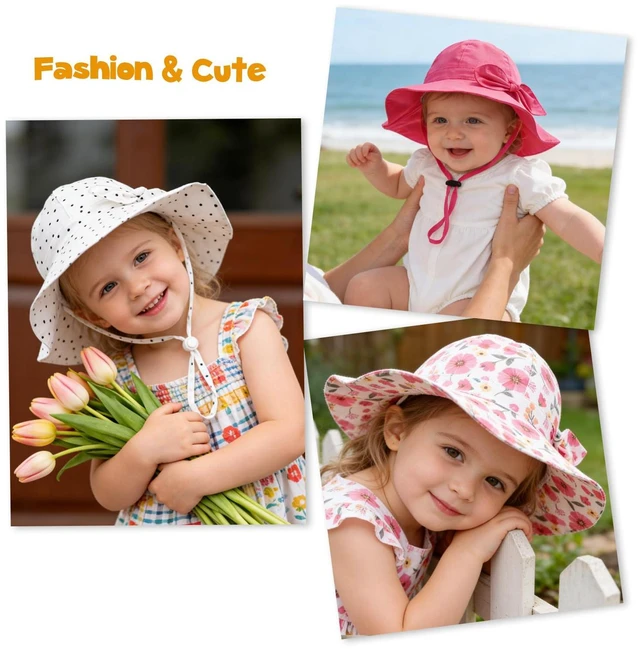 Alt view image 7 of 7 - Baby Girl Sun Hat with UPF 50+ Outdoor Adjustable Beach Hat with Wide Brim Bucket Hats (0-6 Months)