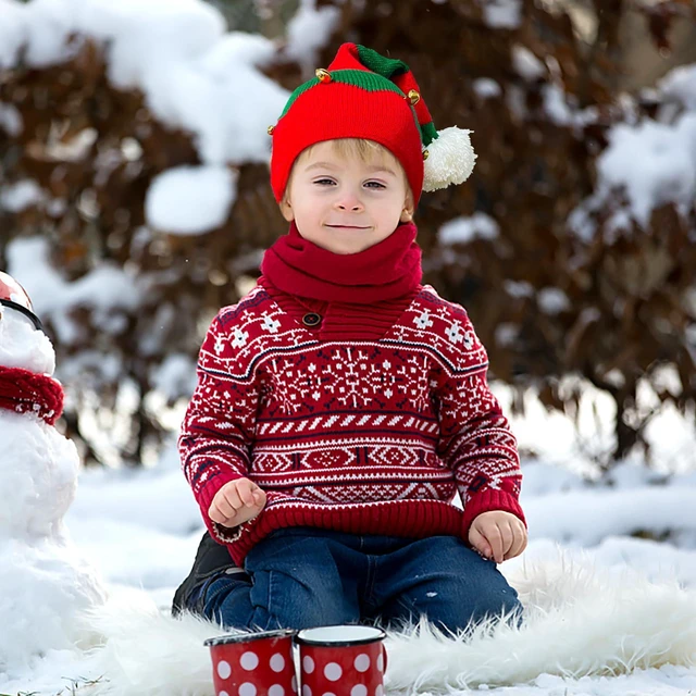 Alt view image 3 of 7 - Asikkon Christmas Elf Knit Hat for Toddler, Beanie Knitted Xmas Hats with Jingle Bells for Kids 1 to 6 Years Old Children