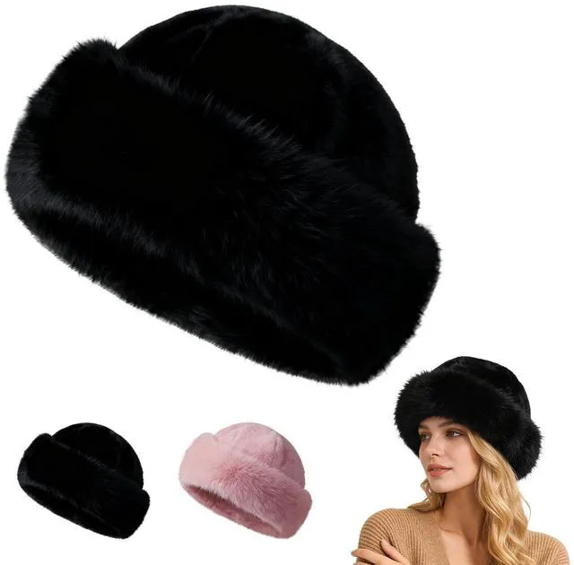 Main image of Womens Winter Faux Fur Bucket Hat,Warm Plush Fluffy Furry Mink Hats (Black) | Winter Thickened, Fisherman Cap, for Women