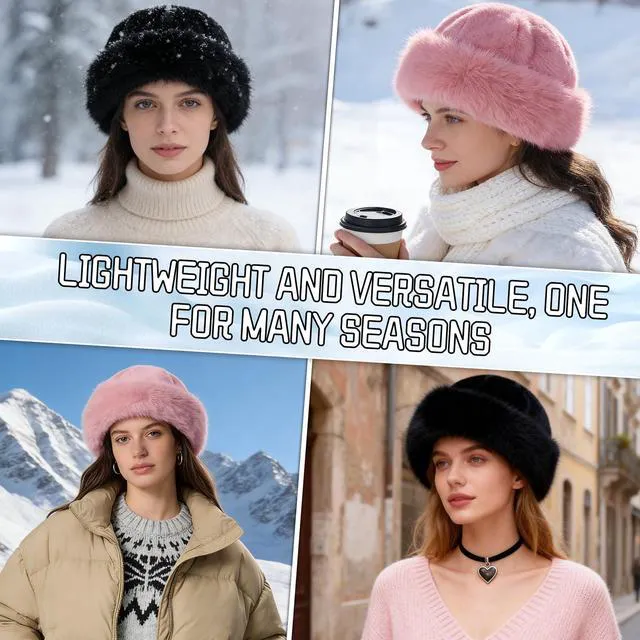 Alt view image 3 of 7 - Womens Winter Faux Fur Bucket Hat,Warm Plush Fluffy Furry Mink Hats (Black) | Winter Thickened, Fisherman Cap, for Women