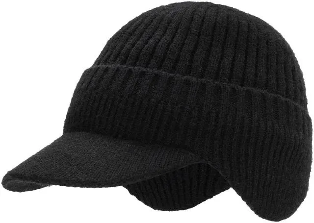 Alt view image 3 of 6 - UTOWO Men Winter Hat Knit Cable Visor Beanie Warm Knit Earflaps Hats for Outdoor Sport Black