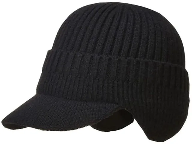 Alt view image 6 of 6 - UTOWO Men Winter Hat Knit Cable Visor Beanie Warm Knit Earflaps Hats for Outdoor Sport Black