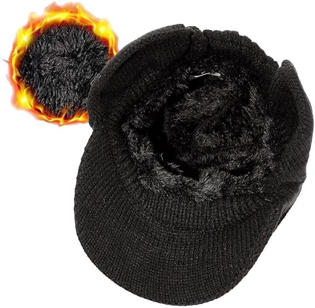 Alt view image 5 of 6 - UTOWO Men Winter Hat Knit Cable Visor Beanie Warm Knit Earflaps Hats for Outdoor Sport Black