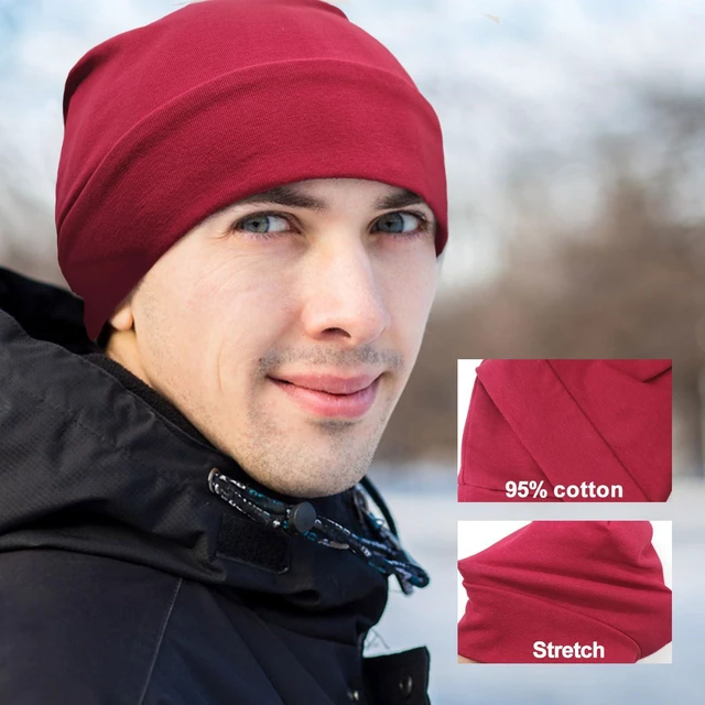 Alt view image 4 of 5 - Unisex Cotton Beanie Hat Thin Running Skull Cap Winter Summer Sports Hat Chemo Cap Multifunctional Lightweight Helmet Liner Night Sleep Cap Beanies Hat for Men Women (Burgundy)