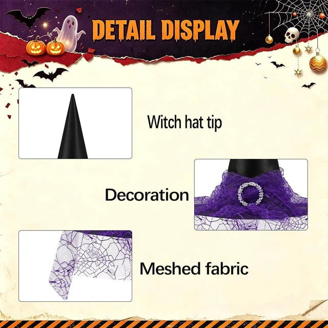 Alt view image 3 of 7 - Yohenr Halloween Witches Hats Foldable Lace Witch Hat for Decoration Witch Costume for Halloween Cosplay Party Spider Web Veil Wizard Hat Halloween Costume AccessoryC369-3)