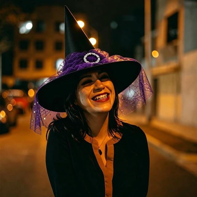 Alt view image 4 of 7 - Yohenr Halloween Witches Hats Foldable Lace Witch Hat for Decoration Witch Costume for Halloween Cosplay Party Spider Web Veil Wizard Hat Halloween Costume AccessoryC369-3)