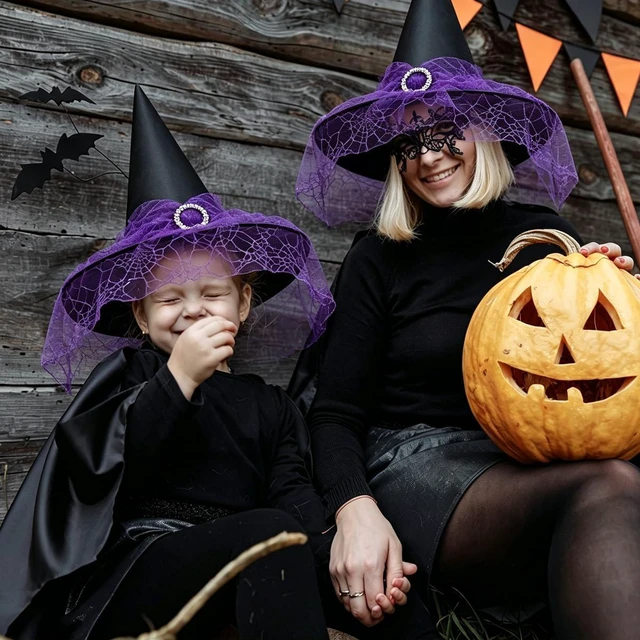 Alt view image 5 of 7 - Yohenr Halloween Witches Hats Foldable Lace Witch Hat for Decoration Witch Costume for Halloween Cosplay Party Spider Web Veil Wizard Hat Halloween Costume AccessoryC369-3)