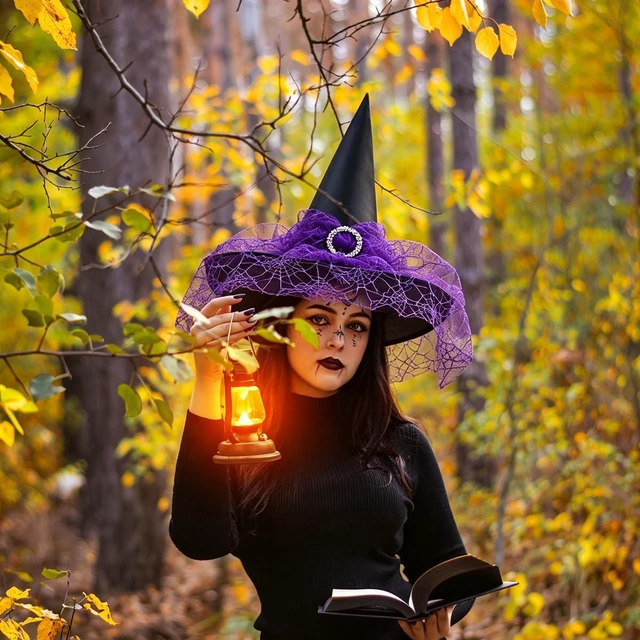 Alt view image 6 of 7 - Yohenr Halloween Witches Hats Foldable Lace Witch Hat for Decoration Witch Costume for Halloween Cosplay Party Spider Web Veil Wizard Hat Halloween Costume AccessoryC369-3)