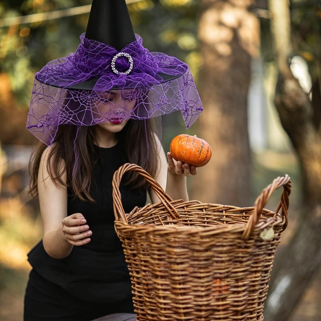 Alt view image 7 of 7 - Yohenr Halloween Witches Hats Foldable Lace Witch Hat for Decoration Witch Costume for Halloween Cosplay Party Spider Web Veil Wizard Hat Halloween Costume AccessoryC369-3)