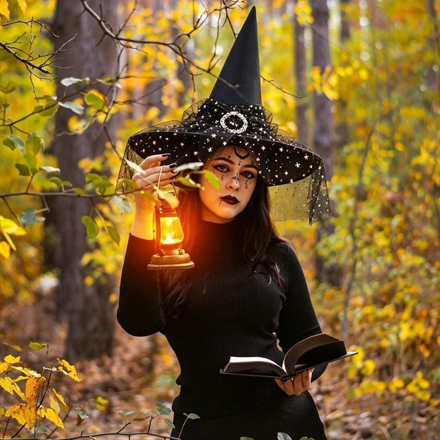 Alt view image 2 of 7 - Yohenr Halloween Witches Hats Foldable Lace Witch Hat for Decoration Witch Costume for Halloween Cosplay Party Veil Wizard Hat Halloween Costume AccessoryA258-1)