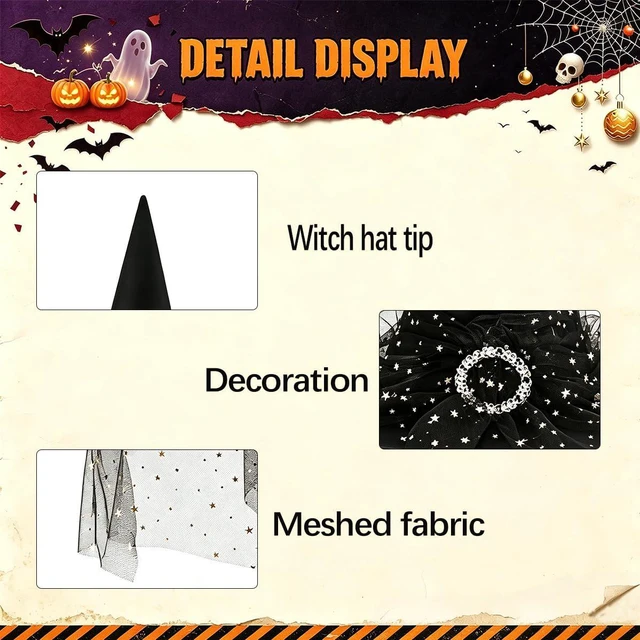 Alt view image 4 of 7 - Yohenr Halloween Witches Hats Foldable Lace Witch Hat for Decoration Witch Costume for Halloween Cosplay Party Veil Wizard Hat Halloween Costume AccessoryA258-1)
