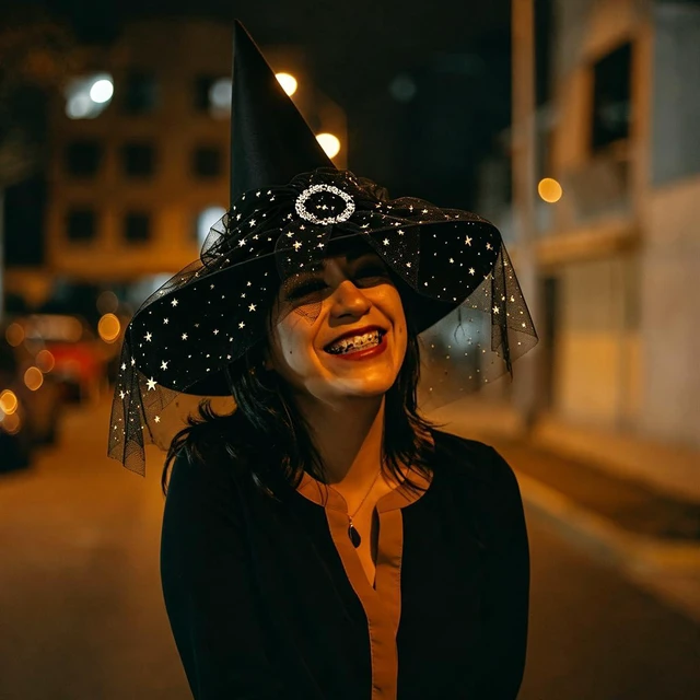 Alt view image 5 of 7 - Yohenr Halloween Witches Hats Foldable Lace Witch Hat for Decoration Witch Costume for Halloween Cosplay Party Veil Wizard Hat Halloween Costume AccessoryA258-1)